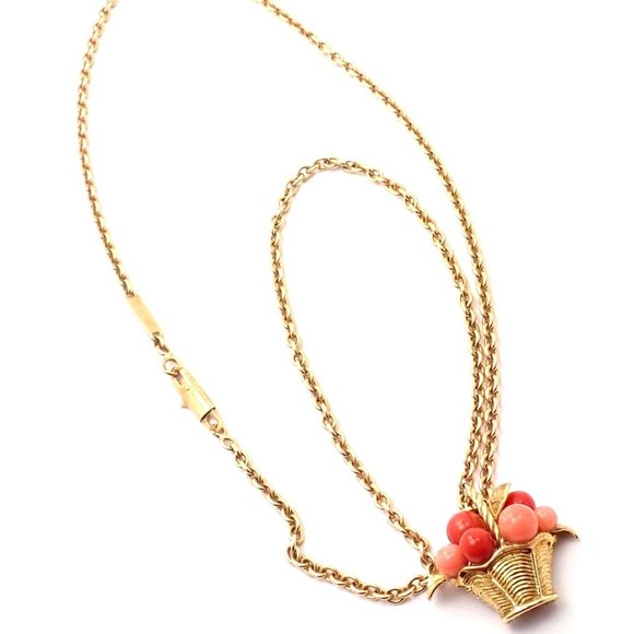 Authentic Van Cleef & Arpels 18k Gold Coral Bead Fruit Basket Pendant Necklace - Picture 11 of 14